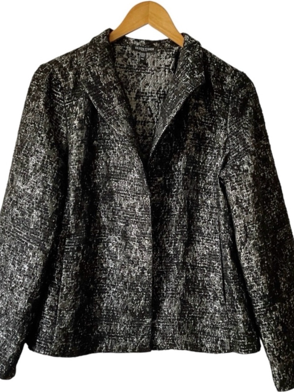 Eileen Fisher Petite Medium Textured Wool Blend Open Front Jacket Black Gray